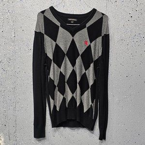 Express Design Studio Mens Argyle Black Grey Cotton Long Sleeve V Neck Sweater L